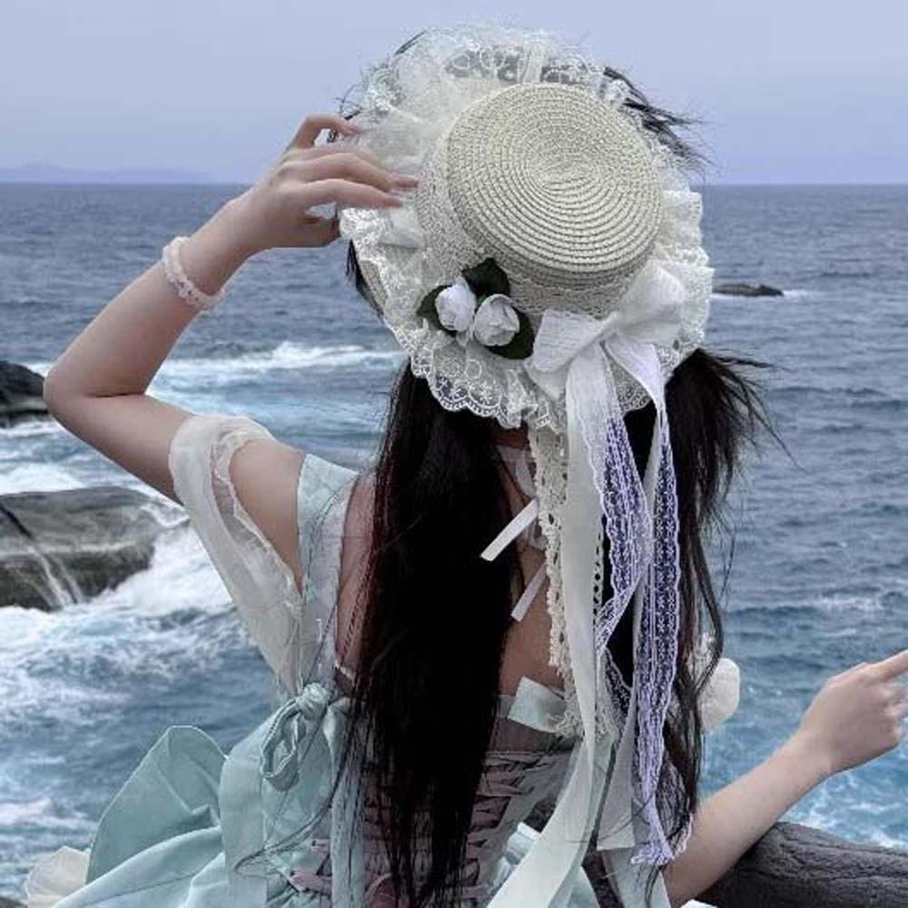 Breathable Vacation Beach Cap Lightweight with Garland Fisherman Straw Hat Big Brimmed Sunshade Topi Woven Sun Cap Women