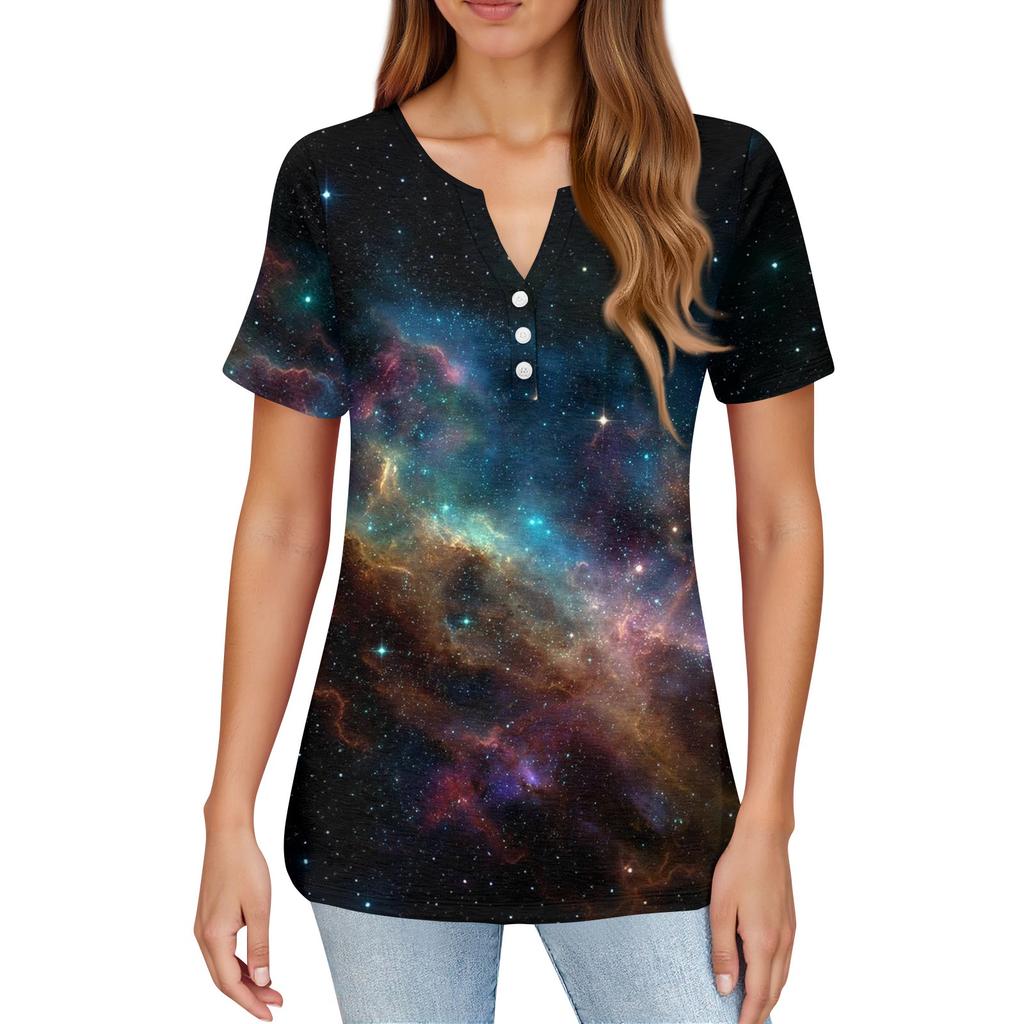 Damska Koszulka z Nadrukiem Guziki Krótki Rękaw Codzienna Weekendowa Moda Podstawowy Dekolt V Regularny Top