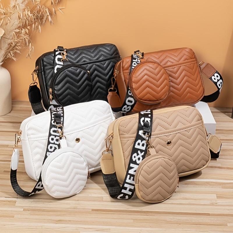 2pcs New Fashion Embroidered Shoulder Square Bag and Small Round Purse Set Casual Zipper Crossbody Bag, Small V-shaped Sling Bag