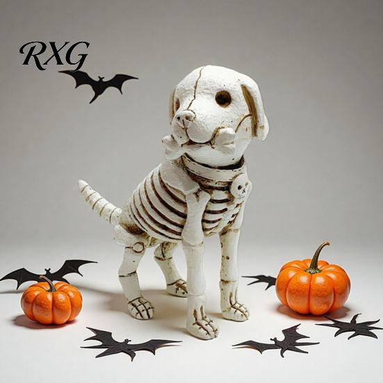 Cute Bone Texture Decor Skull Puppy Resin Figurine, Halloween Retro Skeleton Dog Statue, Creative Holiday Yard Ornaments Gothic Desktop Ornament