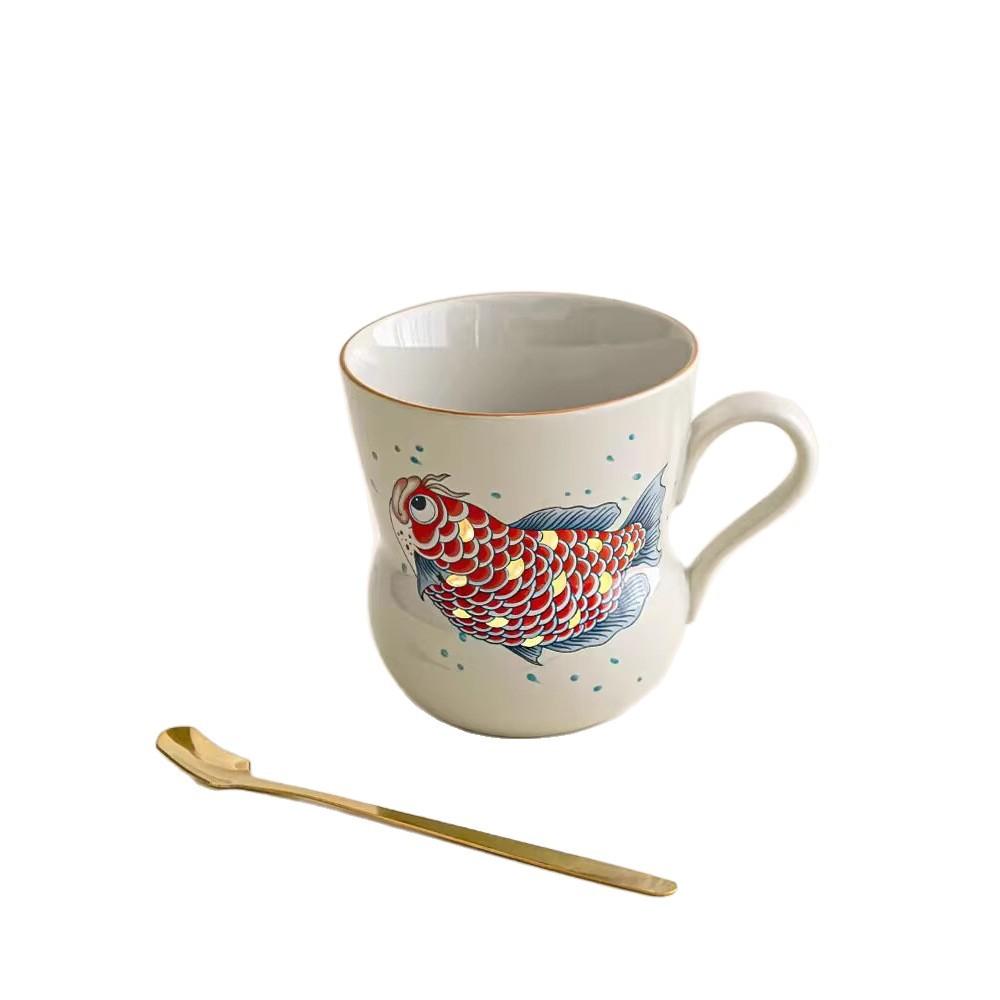 Plant Ash Ceramic Golden Arowana Gold Scale Gourd Shape With Spoon Office Drinking Water Personal Cup Water Cup