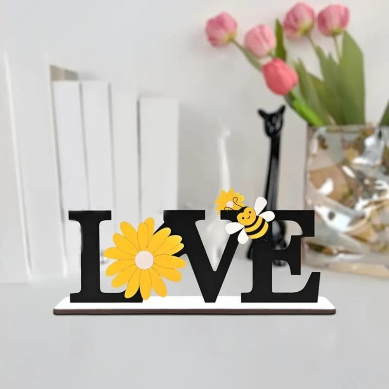 Farmhouses Wooden Love Letter Sign with Sunflowers and Bees Accent for Home or Office Spring Summer Tabletop Decors