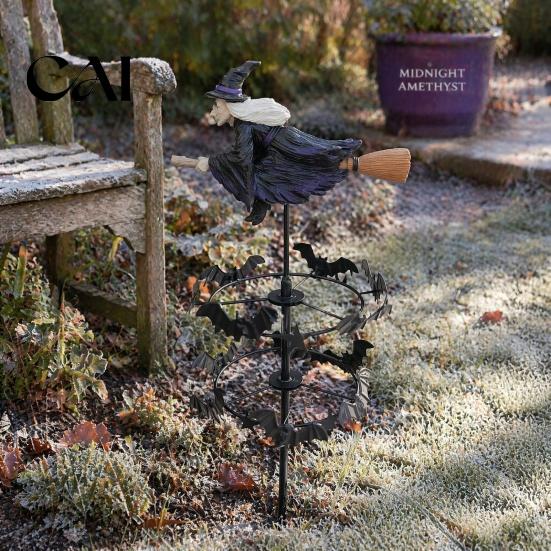Halloween Outdoor Path Decor Witch Garden Wind Spinner, Resin Statue Stake, Spooky Bats Whimsical And Spinner for Yard Art Lawn Pathway Metal Catchers
