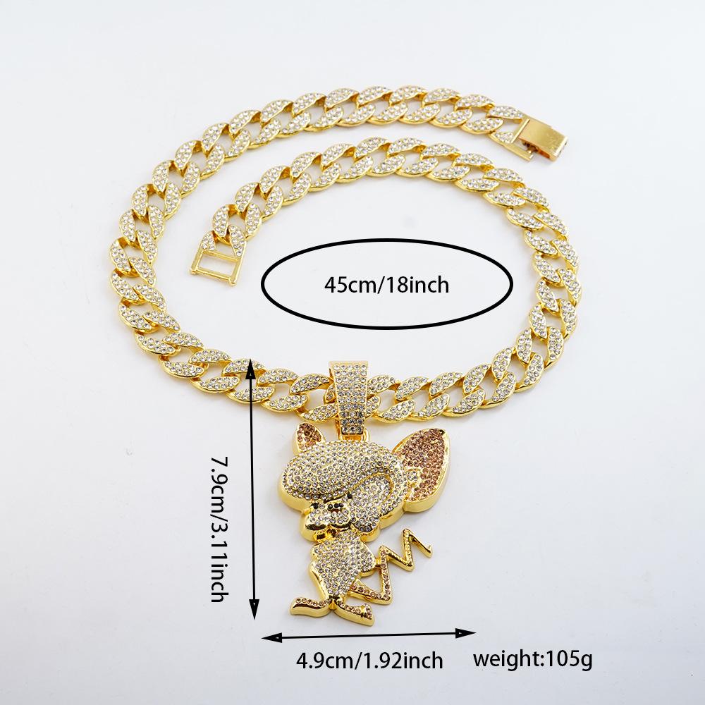 Cartoon Animal Mouse Full Diamond Three-dimensional Pendant Cuban Necklace, European and American Fashion Versatile Men's and Women's Accessories
