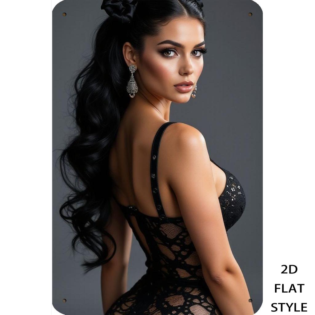 HD Metal Tin Sign Gorgeous Latina Woman in Black Lace Backless Dress with High Ponytail Vintage Wall Art Plaque Retro D Decor f