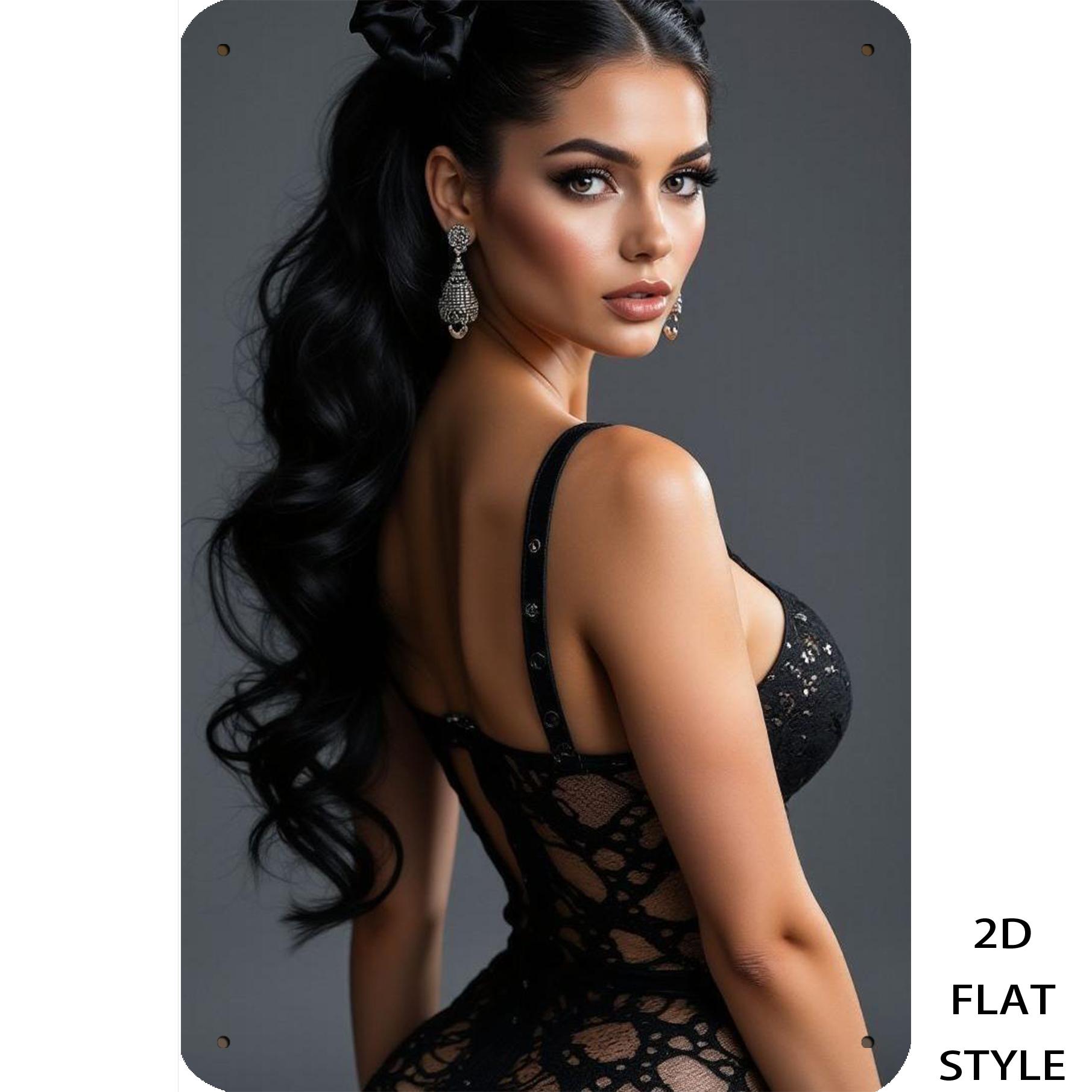 

HD Metal Tin Sign Gorgeous Latina Woman in Black Lace Backless Dress with High Ponytail Vintage Wall Art Plaque Retro D Decor f 20x30cm（7.8x11.8inch）