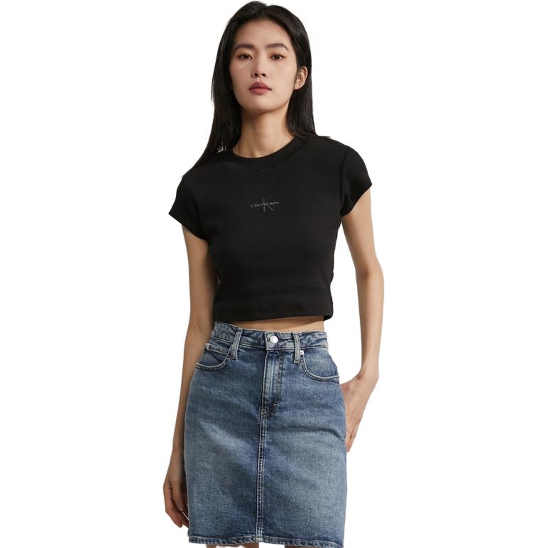 Calvin Klein Monogram Logo Print Slim Fit Crew Neck T-Shirt Women Tops Black J221171-BEH