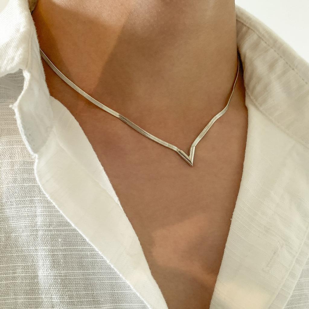 Accessories Hip Hop Wind Flat Snake Bone Chain Necklace, Retro Simple Geometric V-Shaped Necklace Earrings