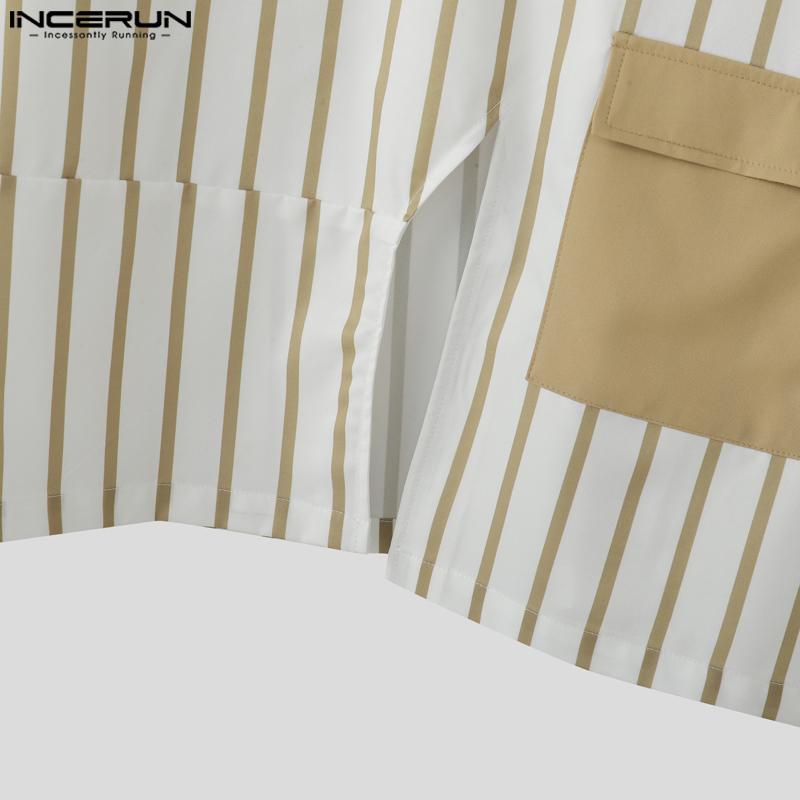 INCERUN Men Casual 3/4 Sleeve Round Neck Splits Striped Print Oversized T-Shirts Tops