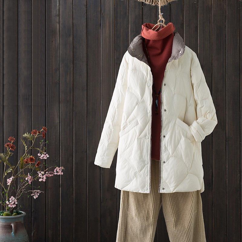 Women's Mid-Length Retro Chic Lightweight Down Jacket - Auspicious Clouds Stand Collar Design