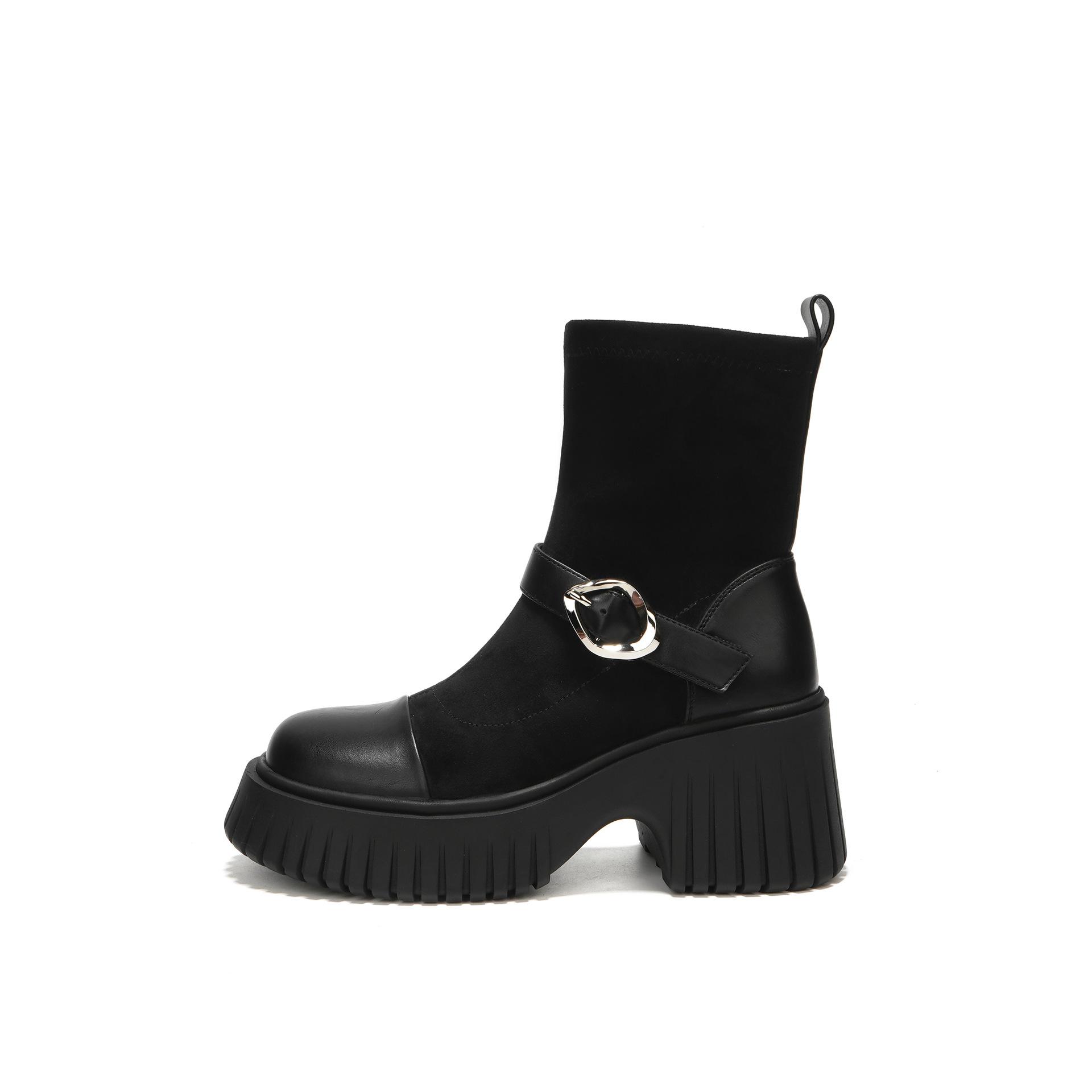 

Высокие каблуки женские с пряжкой на толстом каблуке короткие сапоги осень и зима новые сапоги сращивание модные сапоги британский стиль 39