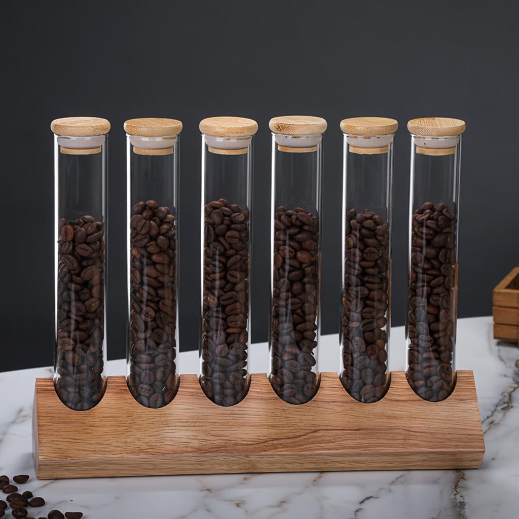4pcs Food Jars & Canisters Glass Multipurpose Round Flip Top Reusable Test Tube With Rack Empty Coffee Beans Tea Spice Glass Storage Bottle For Bar Ho