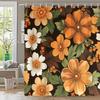 1pc Vintage Floral Shower Curtain - Mid-Century Modern Design with Orange, White & Brown Flowers On Black, Dense Lush Pattern,
