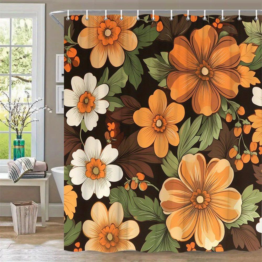1pc Vintage Floral Shower Curtain - Mid-Century Modern Design with Orange, White & Brown Flowers on Black, Dense Lush Pattern, 90x180cm
