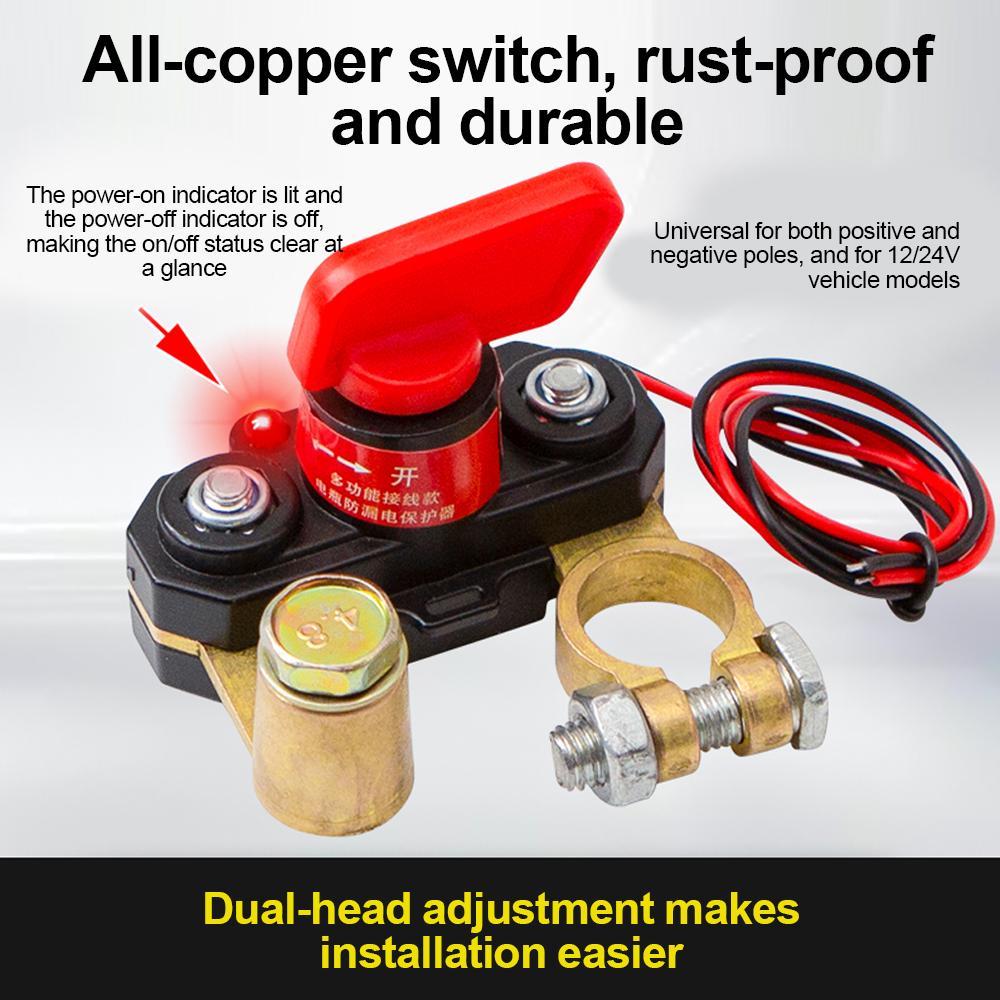 Full Copper Car Battery Disconnect Switch with LED Indicate Light 12-24V Bidirectional Rotating Power Cut Off, Universal Side Post