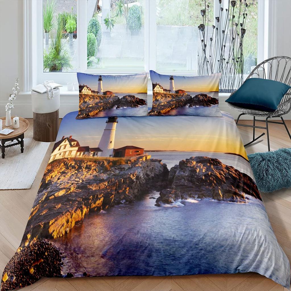 Lighthouse Duvet Cover Set Nautical Surfing Ocean Wave Bedding Set Queen Polyester Coastal Nature Theme Quilt Cover For Boy