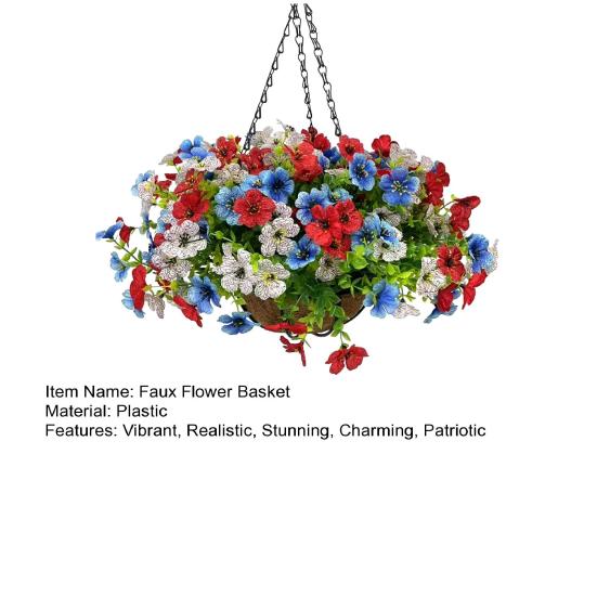 Artificial Hanging Flower with Basket for Outdoors, 4th of July Patriotic Faux Violet Flowers, UV Resistant Fake Plants for Outside Porch, Yard, Patio