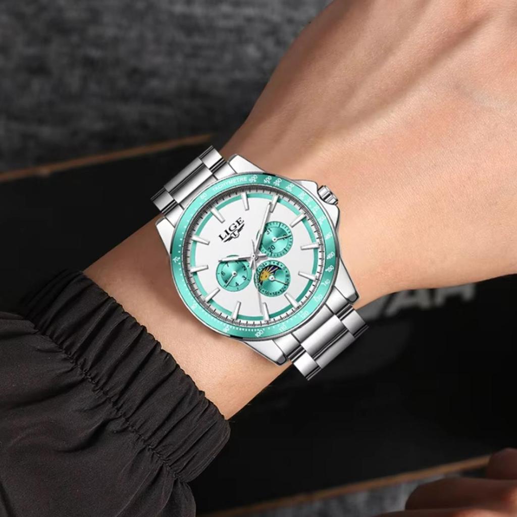 LIGE Unique Dial Quartz Man Watch Stainless Steel Business Luxury Clocks 24-Hour Moon Phase Waterproof Date Week Watches