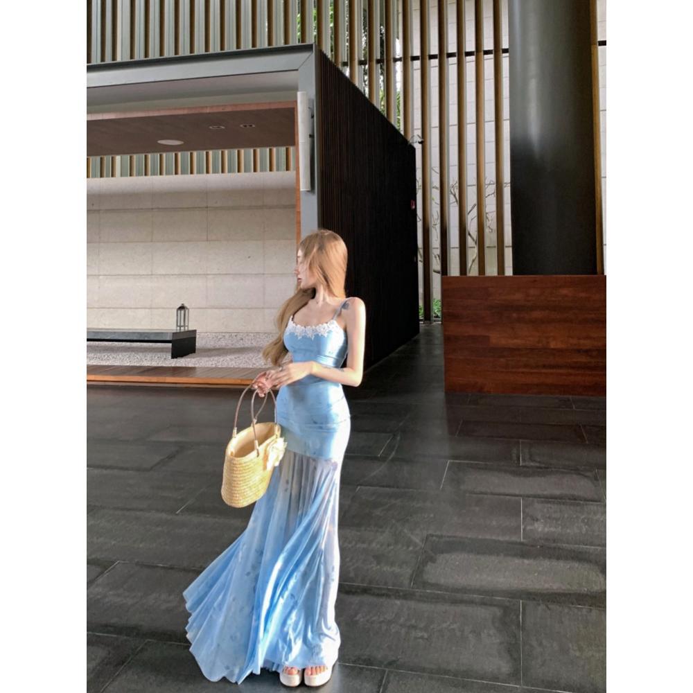Resort blue beach skirt, summer mesh spliced camisole dress, gentle temperament, show the figure, waist and hips
