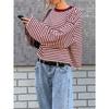 T-shirt a maniche lunghe casual larga a righe con contrasto di colore retrò