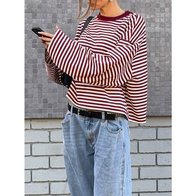 Loose Casual Retro Color Contrast Striped Long Sleeve T Shirt Top