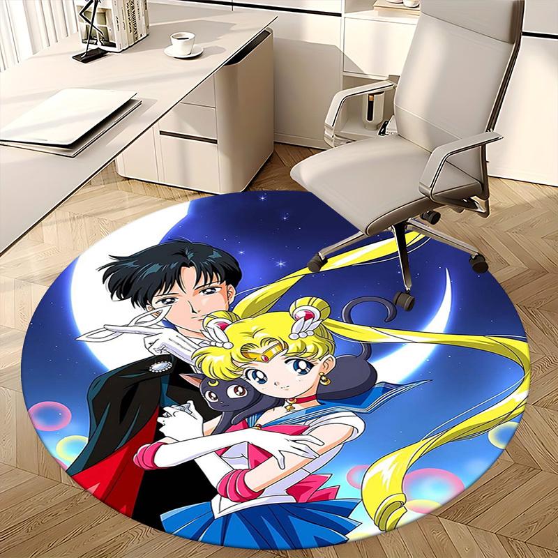 1pc Sailor Moon Anime Cartoon Design Round Carpet  Office Chair Mat, NonSlip Rug for Home Decor, Living Room, Bedroom, Game Room