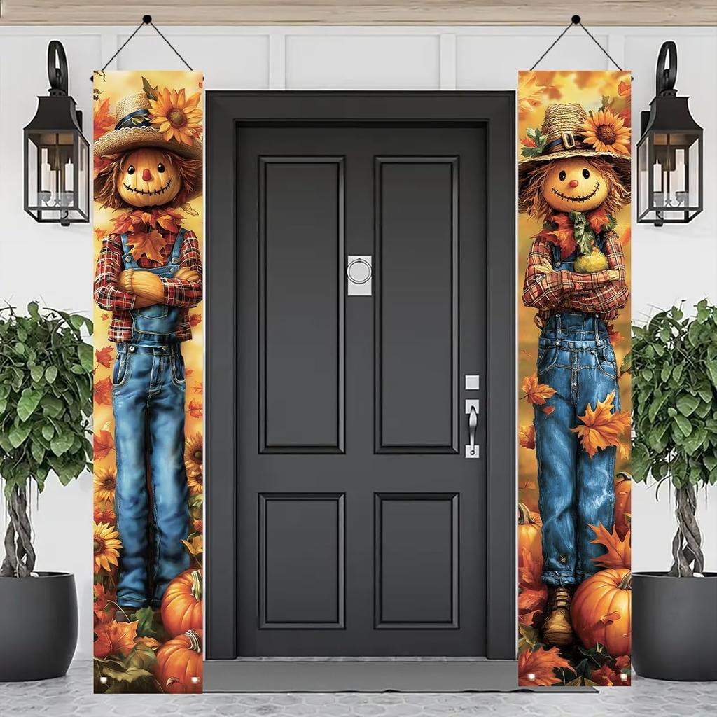 2PCS Fall Porch Sign Scarecrow Porch Banner Autumn Harvest Door Decoration Thanksgiving Front Door Decor Rustic Farmhouse Vertical Outdoor Hanging