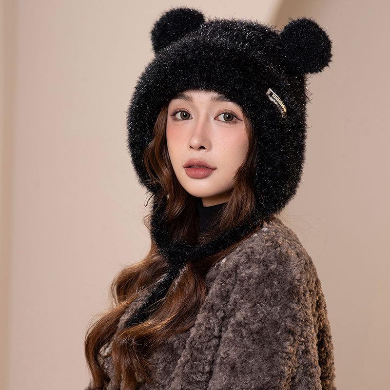 Cute bear fleece warm knitted ear hat women winter thickened cycling skiing plush pullover tide