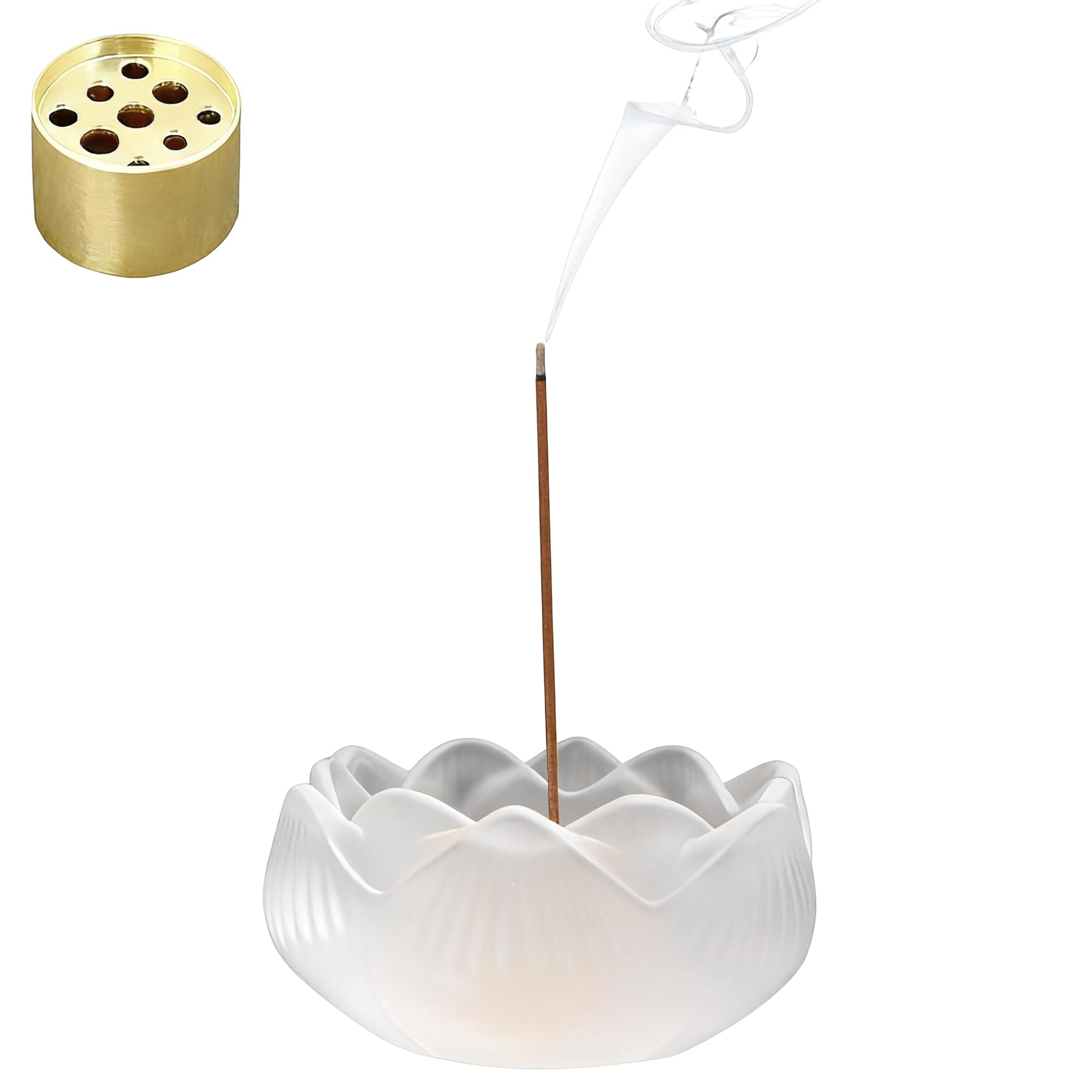 

SensaBliss Mini Incense Burner, Transparent Lapis Lazuli, Lotus Flower Shape, with 9-Hole Brass Incense Holder, Stylish Japanese-Style Decorative