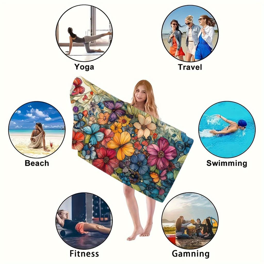 Watercolor Flower Butterfly Beach Towel Single Sided 2D Print Quick Dry Microfiber Towel for Beach Pool Bath Boho Aesthetic Vibe