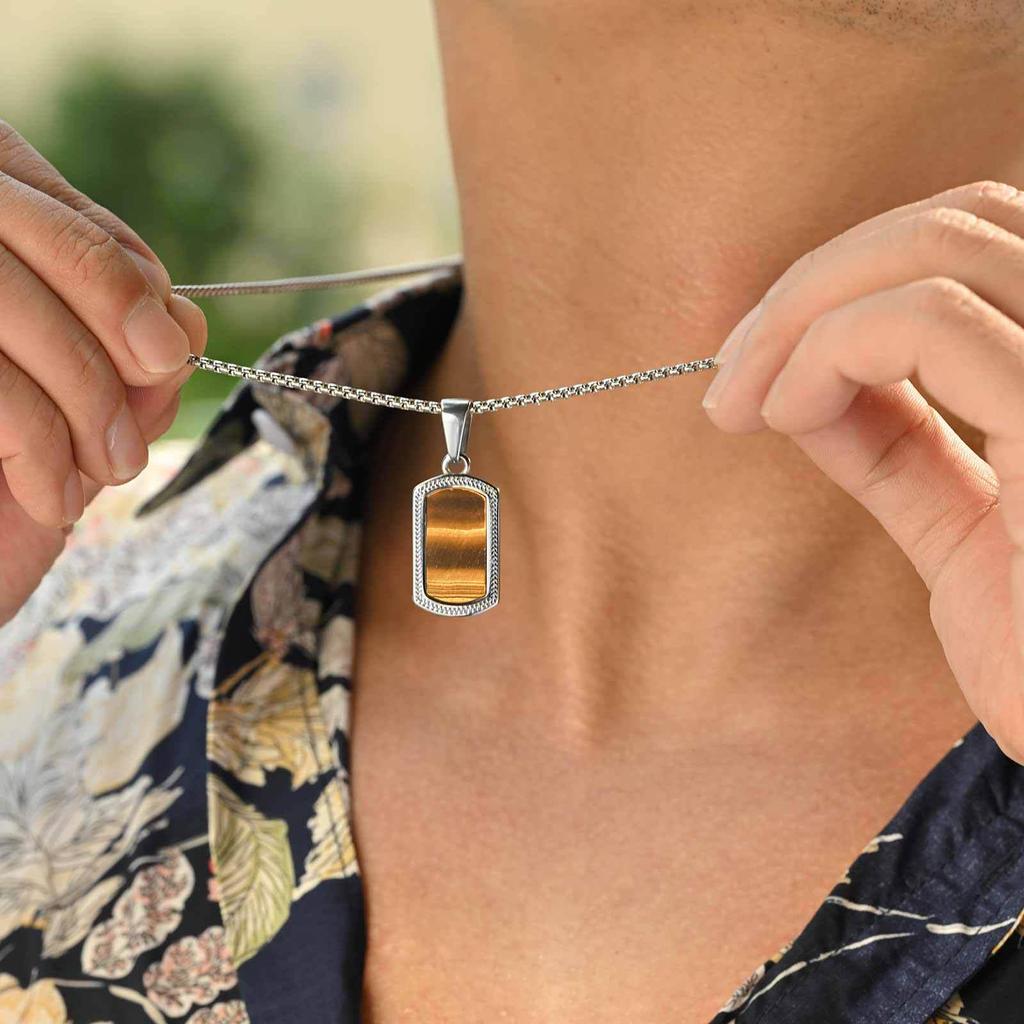 Stainless Steel Hip Hop Tiger Eye Gemstone Square Pendant PN-2162