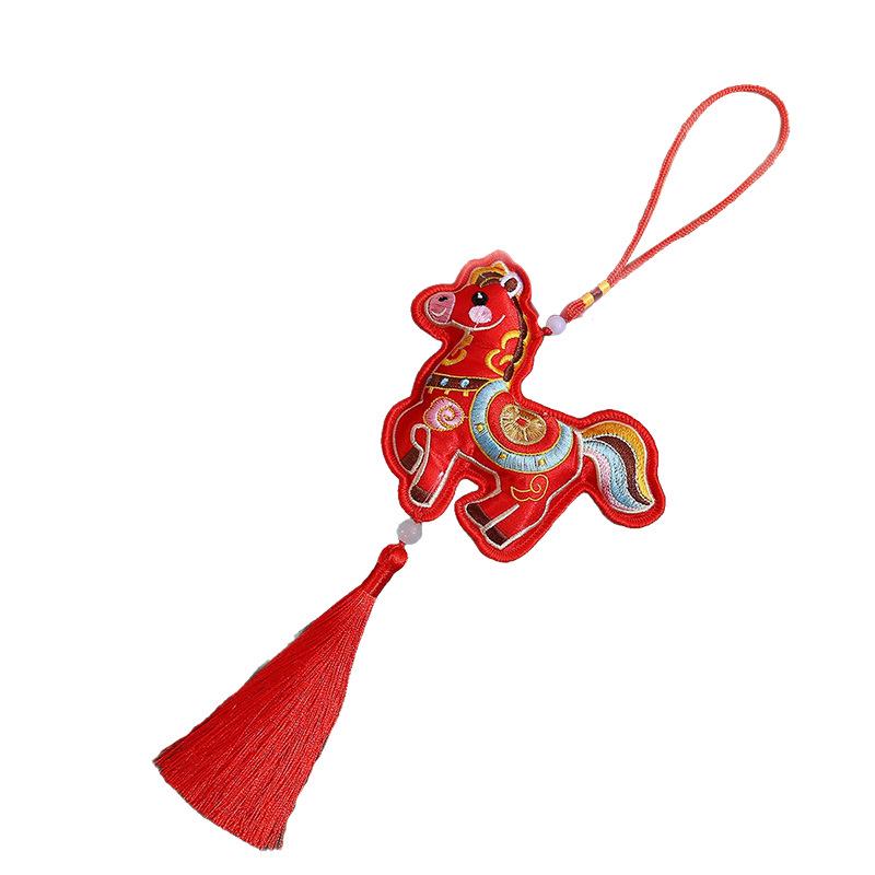 Year of the Horse Double-Sided Embroidered Sachet Pendant - Car Air Freshener & Cultural Hanfu Accessory Blue - Wealth Comes Quickly