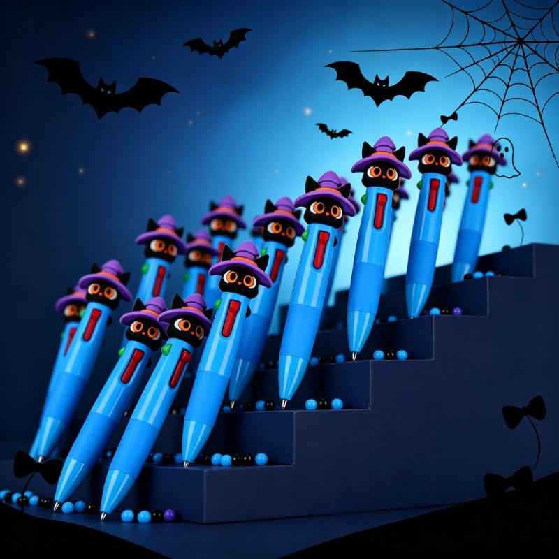 23 Pcs Halloween Four-Color Retractable Ballpoint Pens, 3D Cute Witch Black Cat Topper, Cartoon Student Stationery, Halloween Gifts