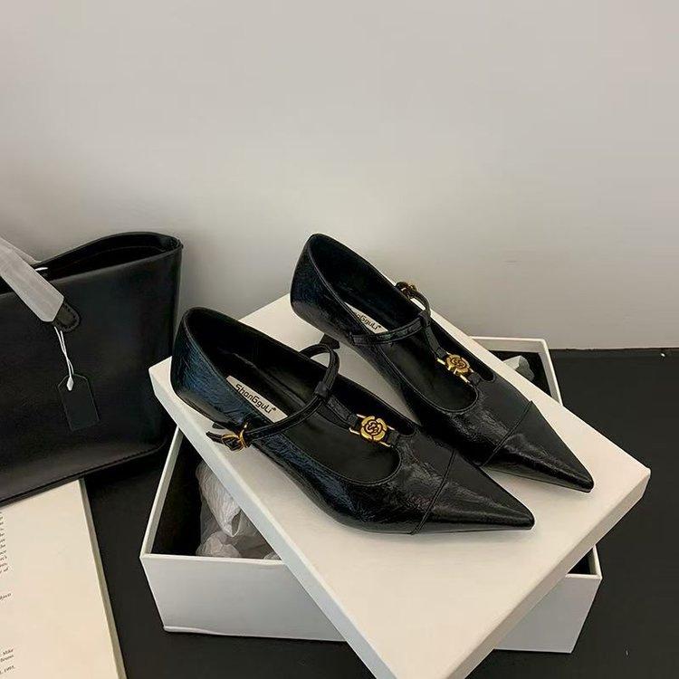 French Low-heeled Pointed Single Shoes for Women's 2025 Spring New Soft Leather Flats with One-word Strap Skirt Mary Jane