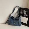 Vintage Denim Schultertasche Damen Kordelzug Bucket Bag Pendler Crossbody Bag