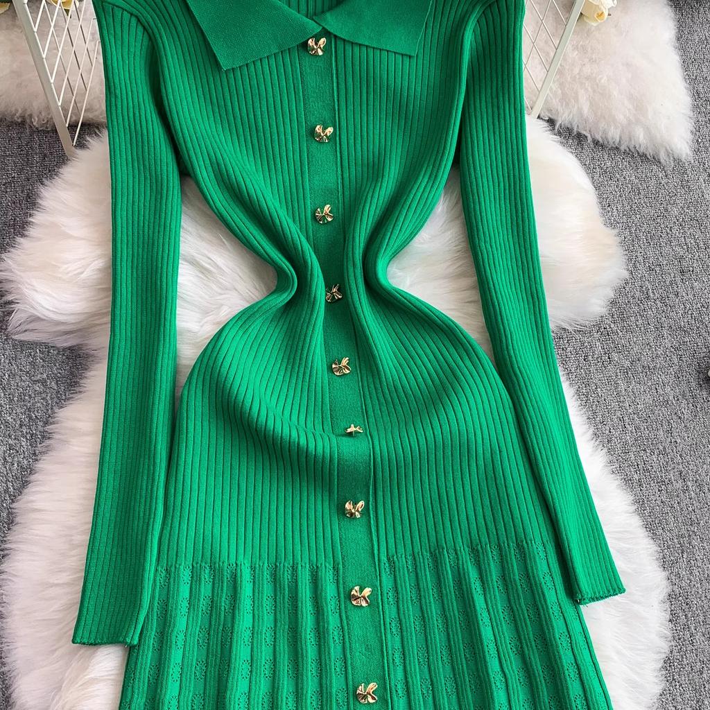 Women Dress Autumn Winter Vintage Turn-down Collar Long Sweater Dress Elegant Office Lady Dresses Chic Party Vestidos