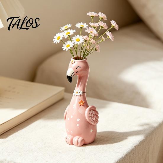 Hand Painted Flamingo Figurine Cute Resin Decorative Vase, Pink Flower Holder Figurine, Statues for Living Room Tabletop Ornament Dried Artificial