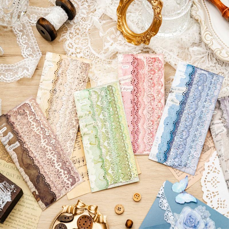 10-Sheet Vintage Long-Strip Lace Stickers, Delicate Lace Patterns for Hand Account Decoration & DIY Crafts