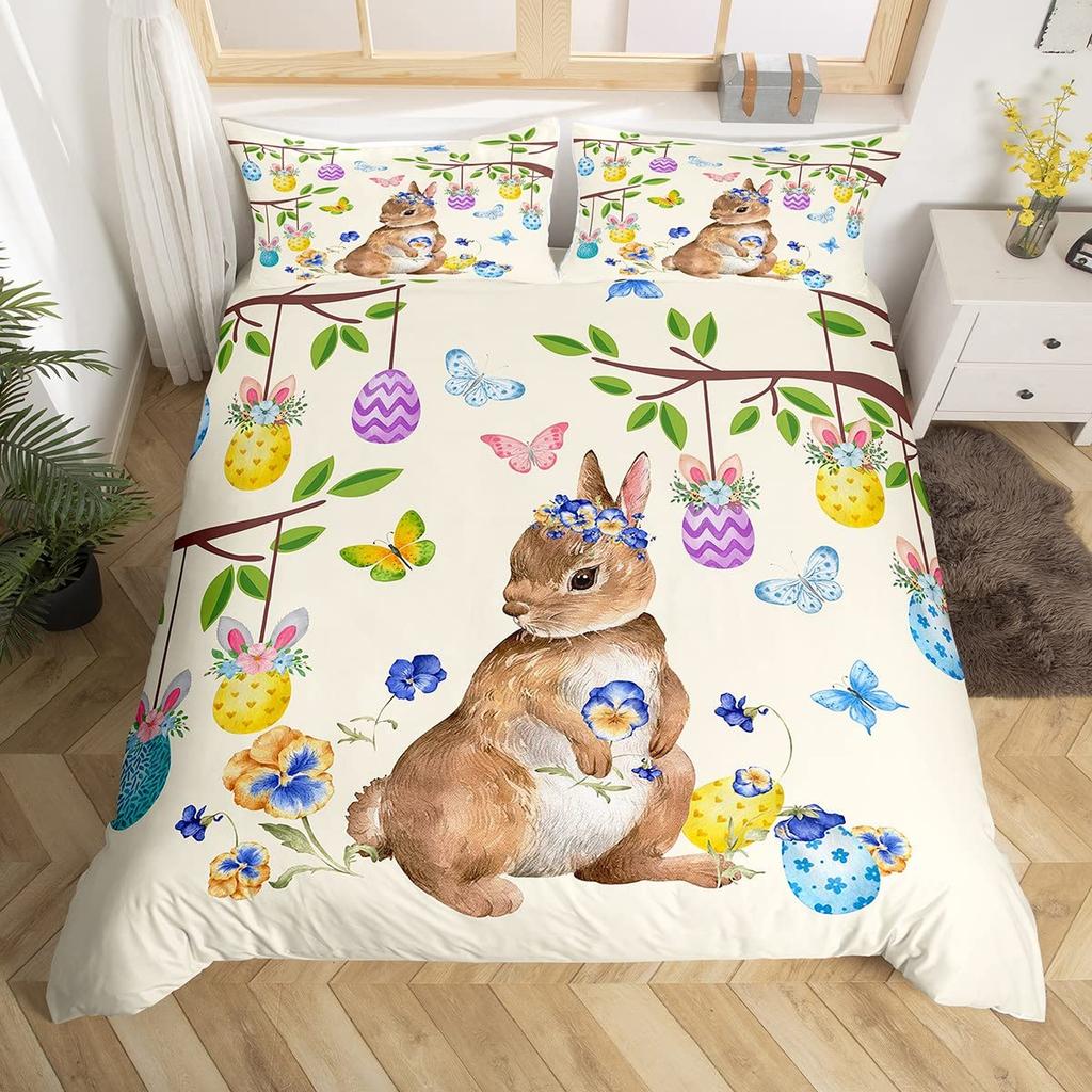 Kawaii Pet Rabbit Duvet Cover Set Full King Spring Botanical Leaves Bedding Set Easter Bunnies Couple Bowknot Print Quilt Cover