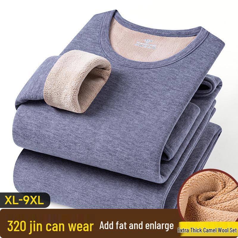 Men's Winter Fleece-Lined Camel Wool Base Layer Set - Warm Cotton Underwear and Pants for Middle-Aged and Elderly
