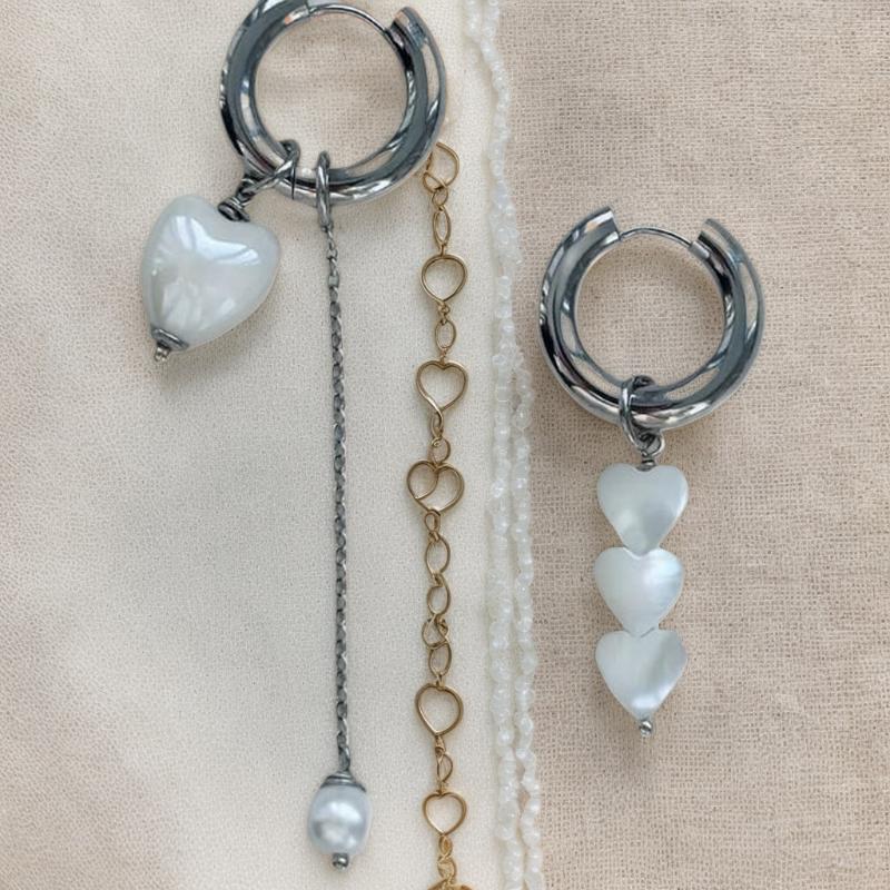 Retro Trendy Geometric Stereo Heart-Shaped Earrings For Women Asymmetrical Imitation Pearl Earrings Punk Jewelry