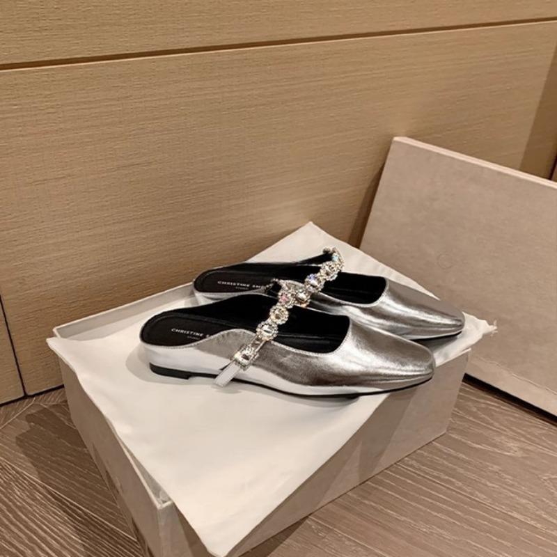 Square-toed Shoes Rhinestone Flat-bottomed Flip-flops Women's Sandals
