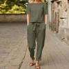 Women's Plus Size Cotton Retro Short Sleeve Crew Neck Straight Leg Tied Trousers Sets