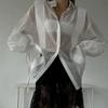 Fashion Style Lapel Sun Protection Shirt Stylish See-through Lantern Sleeve Shirt Sexy Special Shirt