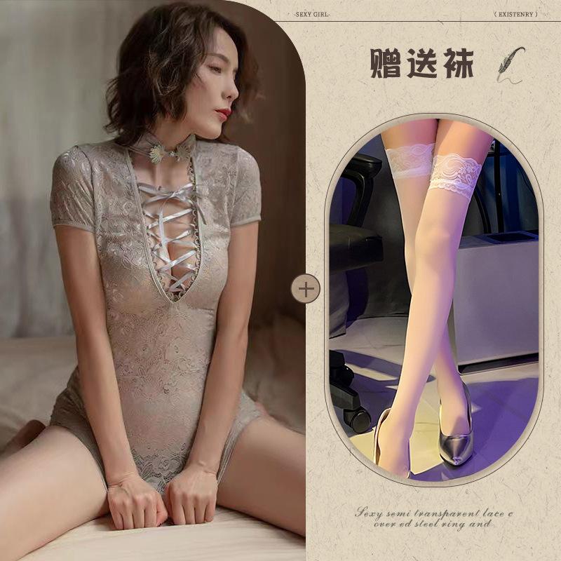 New sexy underwear women's lace temptation cheongsam sexy milk strap hollow short