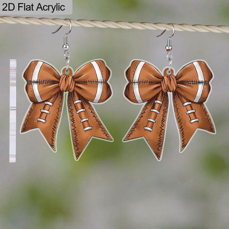 2D Flat Football Bowknot Shape Dangle Drop Earrings Lightweight Acrylic Game Day Bow Earring for Women Men Sport Lover Fans Party Favors Jewelry