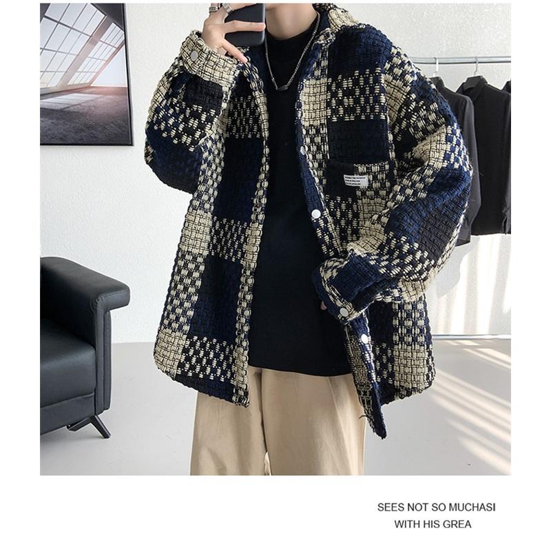 Men's Plaid Tweed Jacket Casual Button Down Shacket Coat Long Sleeve Loose Fit Streetwear Autumn Winter Fashion Outerwear