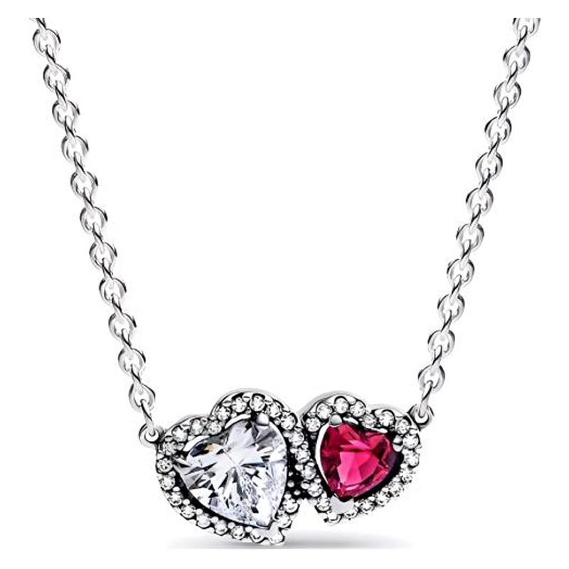 Pandora Heart-to-heart shape pendant 925 silver glass synthetic cubic zirconia necklace women's silver 393632C01