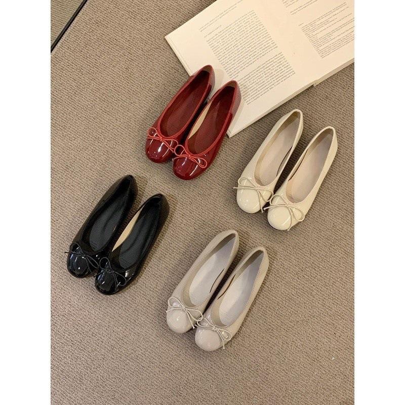 Round Head Patent Leather Single Shoes Summer Bow Flat Bottom Red Shoes Ladyshoes