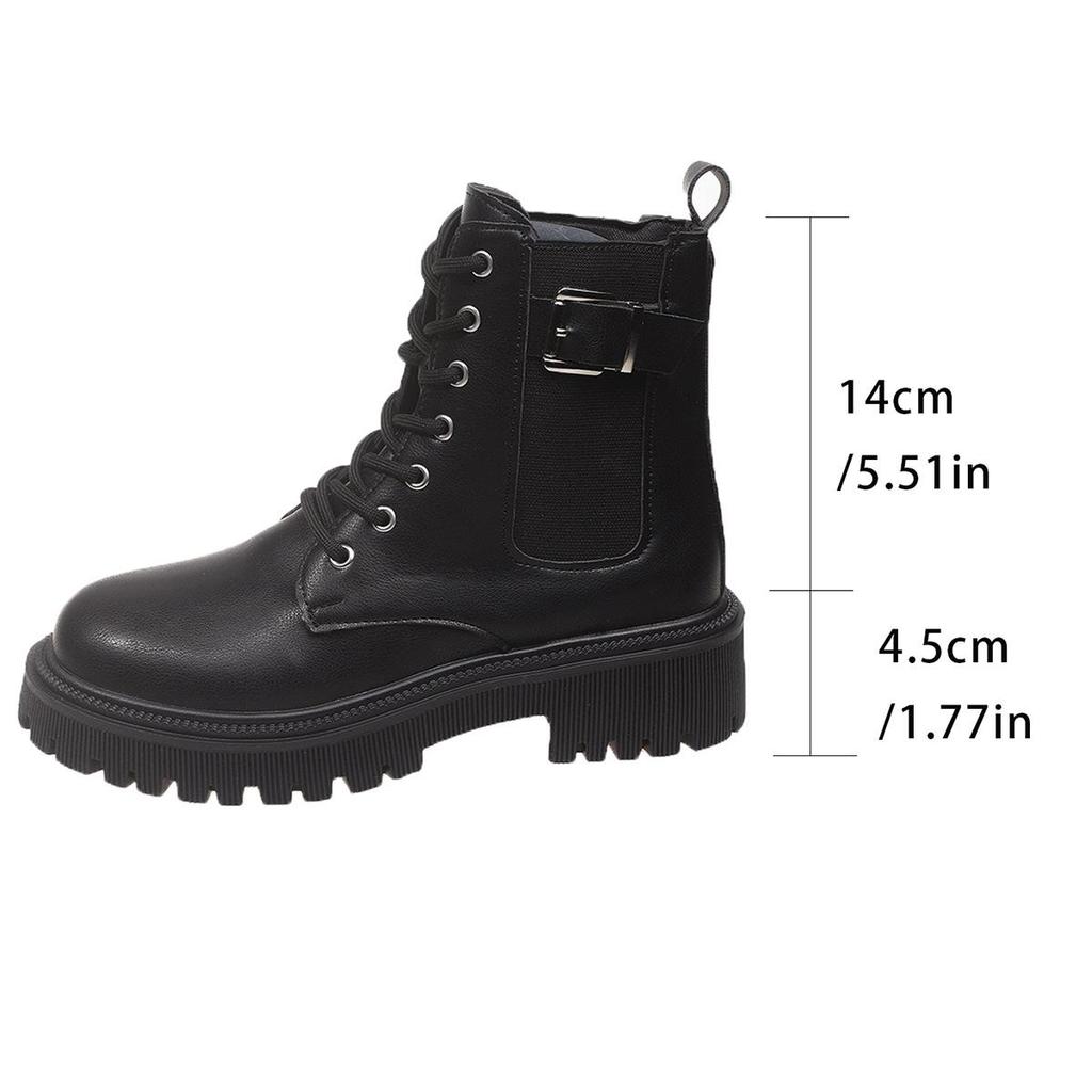 2025 Autumn Women's British Style Thick-Soled Plus Size Leather Buckle Lace-Up Ankle Martin Boots
